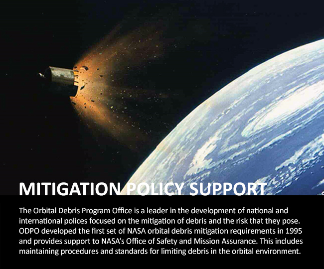The Orbital Debris Program Office is a leader in the development of national and international polices focused on the mitigation of debris and the risk that they pose. ODPO developed the first set of NASA orbital debris mitigation requirements in 1995 and provides support to NASA’s Office of Safety and Mission Assurance. This includes maintaining procedures and standards for limiting debris in the orbital environment. Credit: 1981 painting copyright William K. Hartmann, Senior Scientist Emeritus, Planetary Science Institute.