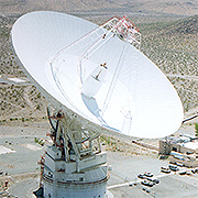 70-m Goldstone antenna located near Barstow, CA. When operated as a bi-static 
									radar, Goldstone is capable of detecting 2 mm debris at altitudes below 1,000 km. 
									Credit: NASA JPL.